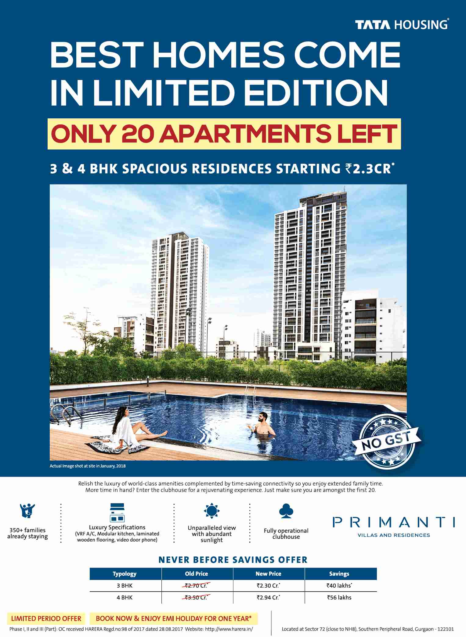 Only 20 apartments left at Tata Primanti in Gurgaon